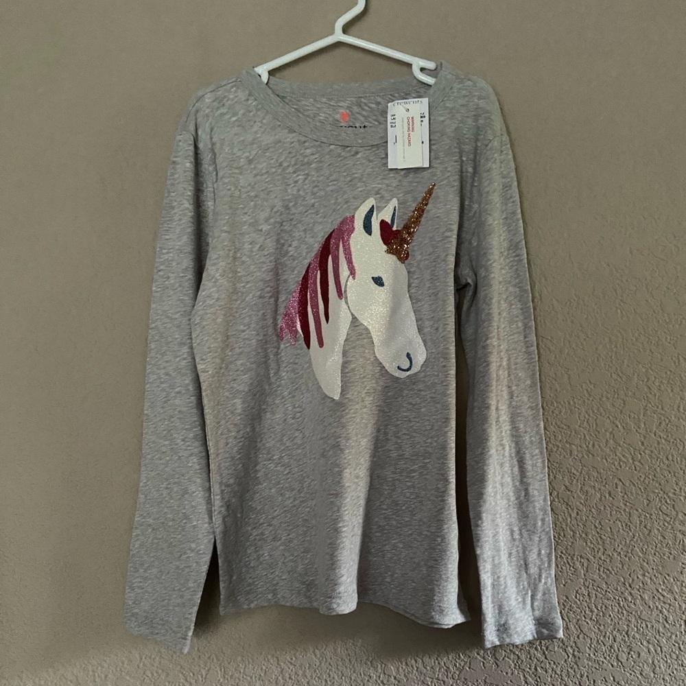 J. Crew Crewcuts Kids' long-sleeve glitter unicorn T-shirt gray Sz 8 sparkle